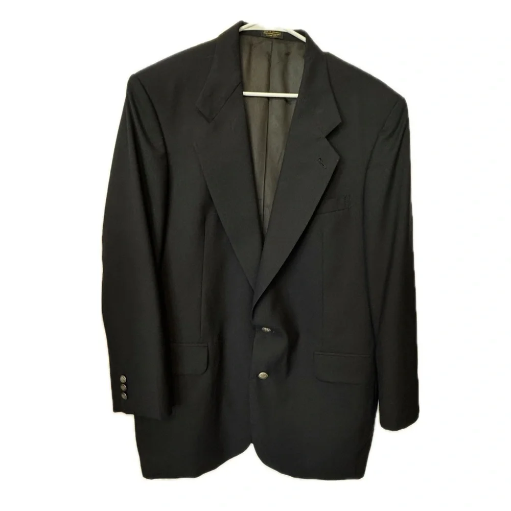 Oscar de la Renta Navy Wool Blazer 44L Classic 2 Button Luxury, Tall